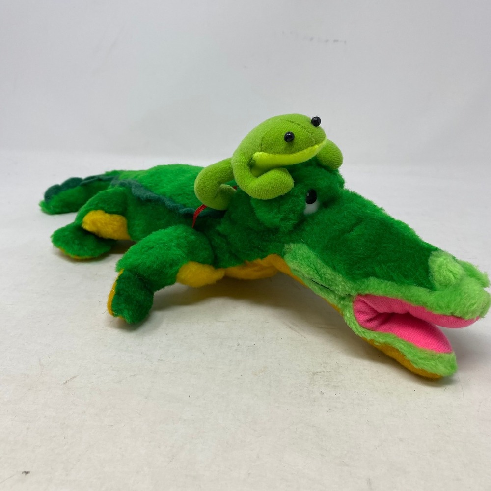 Vintage 1996 Nanco Alligator with Frog Plush Stuffed Animal Green Yellow 14 inch